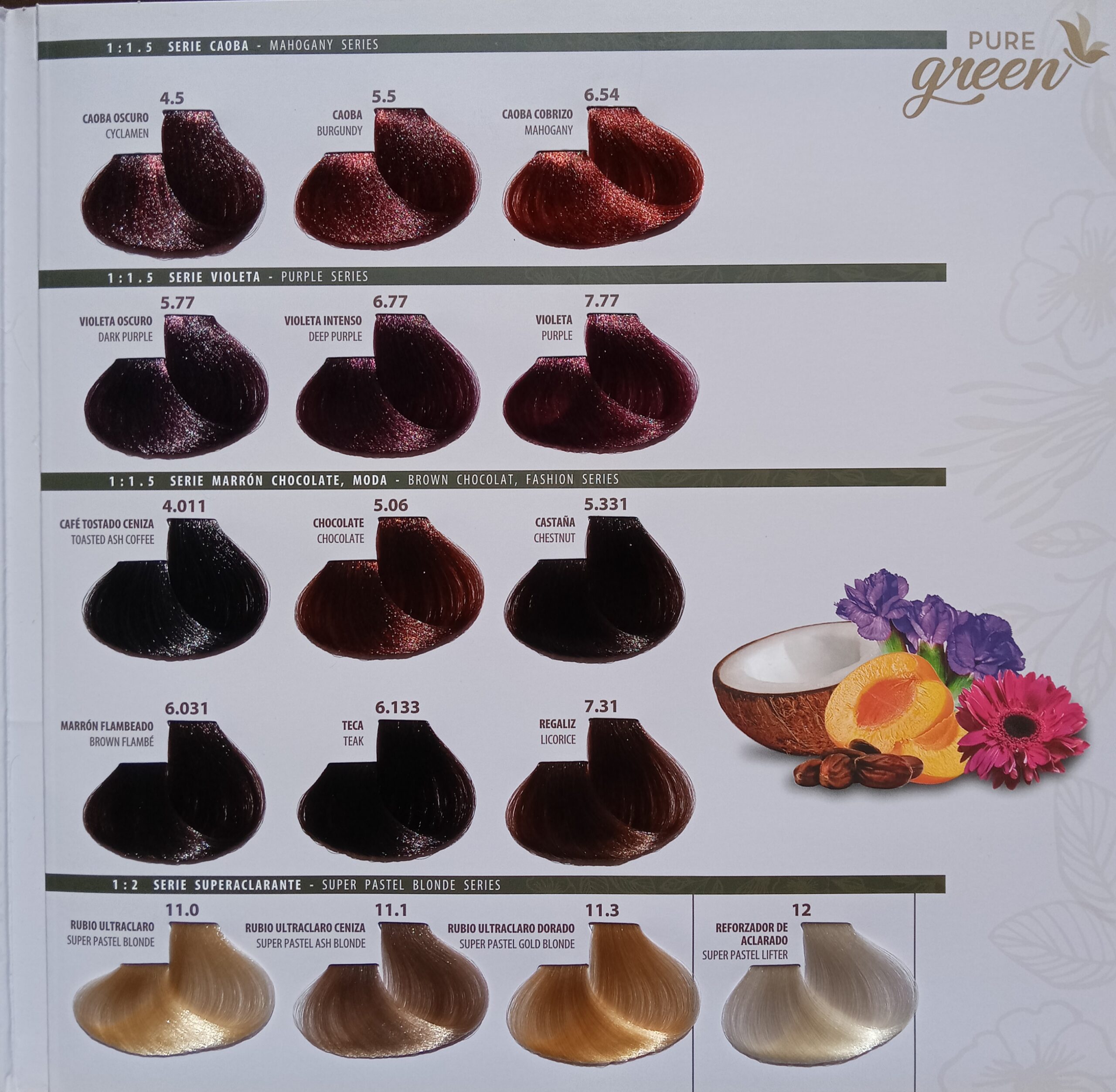 Carta Color Pure Green, Caoba, Violeta, Marrón Chocolate, superaclarantes